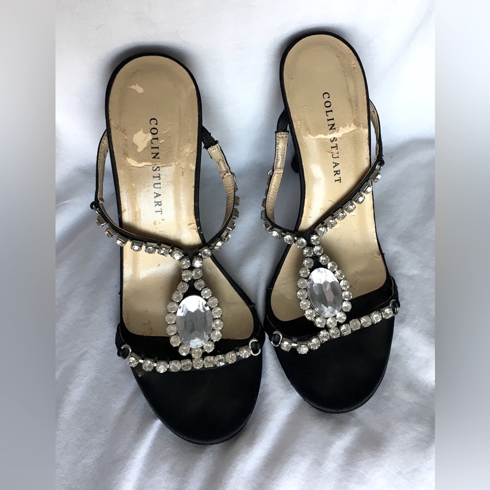 Gorgeous Vintage Colin Stuart black satin jeweled open toe heels